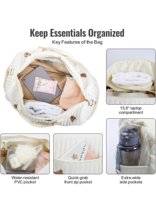 لينلي حقيبة سفر أنيقة مطرزة بسعة كبيرة بنقشة دب لطيف للحفاضات - Image 4